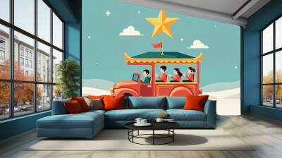 Festive vehicle with star and passengers for Día de los Reyes celebration Wall mural