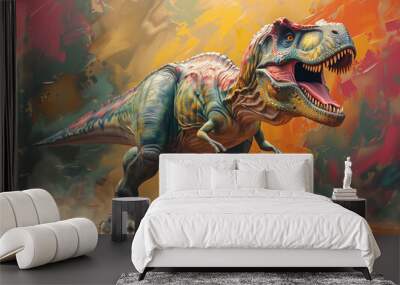 Fierce T-Rex Dinosaur Roaring in Colorful Prehistoric Landscape Wall mural