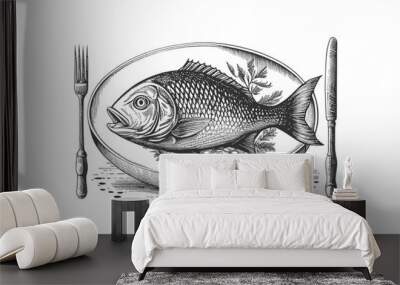 Fish on a plate hand drawn engraving sketch Restaurant. Vector illustration desing. Wall mural