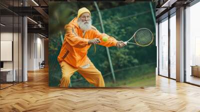 Focused Old Man Playing Tennis Wall mural