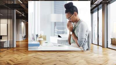 Sneeze, allergy and blowing nose with business woman in office for illness, virus and hay fever. Sick, allergies and tissue with female employee at desk for cold, disease and influenza infection Wall mural