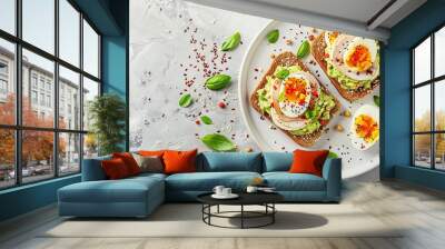 Fresh and Healthy Morning Meal with Avocado, Turkey, and Soft-Boiled Eggs on Toast Wall mural