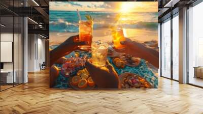 Friends toasting with drinks at beach during vibrant sunset, enjoying summer moment Wall mural