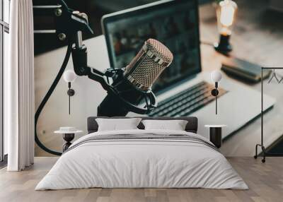 Home studio podcast interior. Microphone, laptop and on air lamp on the table, close-up Wall mural