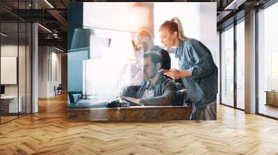 Office teamwork situation. Group of people talking and working on daily general tasks Wall mural