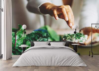 Table with a lot of tasty delicious food. Woman's hands with vegetables and sandwich close-up Wall mural