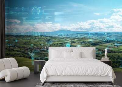 Futuristic Data Overlay on Rolling Green Hills and Village Wall mural