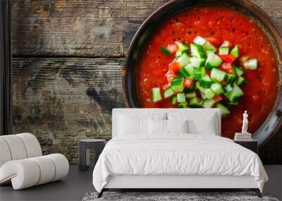 Gazpacho.Traditional Spanish soup.Cold Gazpacho soup.A bowl of classic gazpacho soup garnished with diced cucumber and tomato, set on a rustic wooden table with ample copy space Wall mural