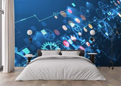 Gear wheel technology pattern on blue gradient background. Hand drawn vector. Wall mural