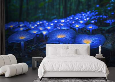 Glowing blue bioluminescent mushrooms in a dark, mysterious forest.  
 Wall mural