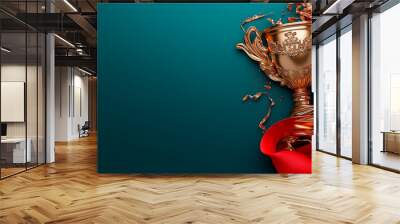 Golden trophy surrounded confetti on dark green background, concept of celebration and victory, 3D rendering. Wall mural