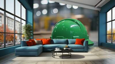 Green safety helmet resting on a glossy surface inside an industrial warehouse.  
 Wall mural