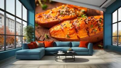 Grilled Sweet Potatoes Topped With Sesame Seeds and Herbs on Wooden Plate Wall mural