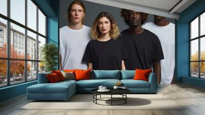 Group of diverse young people in white t-shirts on grey background Wall mural