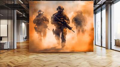 Group of special forces soldiers in action on a background of fire. generative ai Wall mural