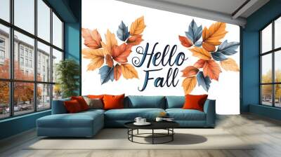 Hello Fall: A Whimsical Autumn Illustration Featuring Pumpkins, Leaves, and Cozy Elements on a Crisp White Background - Perfect for Fall Decor and Seasonal Designs! Wall mural