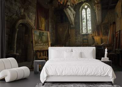 Historic artist's studio with medieval decor and a large window letting in natural light. Wall mural