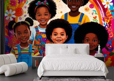 Illustration of African American children with light colorful background elements. AI generated Wall mural