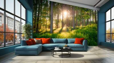 Image of beautiful forest with sunlight and fairy tale mood Wall mural