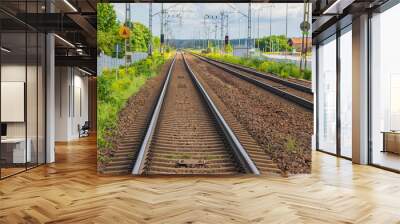 Industrial view of railroad track in city on summer day. Transportation concept background. Sweden. Wall mural