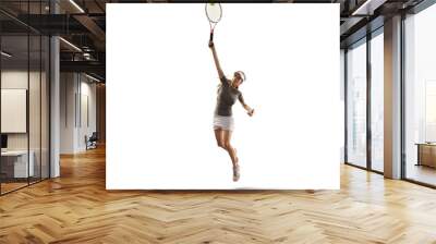 Isolated Female athlete plays tennis on white background Wall mural