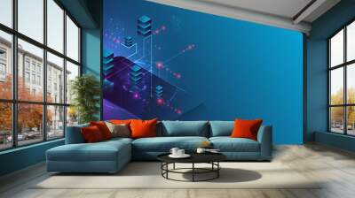 Isometric big data processing concept, cloud database. Abstract technology background. Vector illustration Wall mural