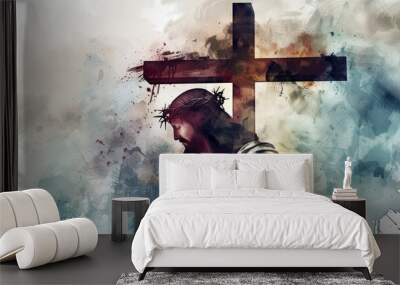 Jesus Carrying the Cross in Digital Watercolor Art Generative AI Wall mural