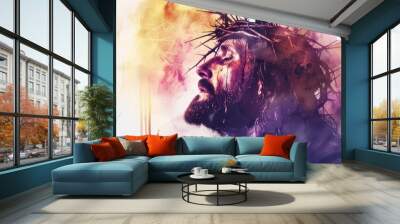 Jesus in Crown of Thorns during Holy Week's Good Friday - Watercolor Illustration Generative AI Wall mural