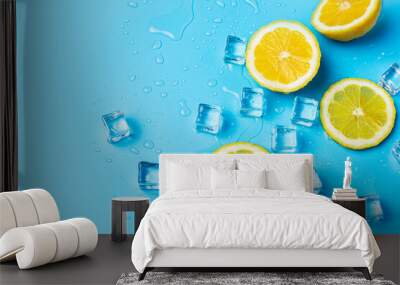 juicy fresh yellow lemon slices and ice cubes on a blue background. Top view, flat lay Wall mural