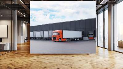 Truck and trailers in front of a warehouse loading dock. Wall mural