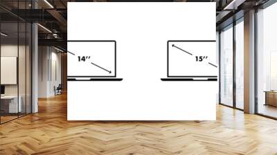 Laptop diagonal screen size icon set. 13, 14, 15, 16 inch display size. Vector illustration. Wall mural