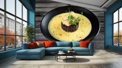 Risotto with slice roasted white fish, cod on black background. Grilled code with mix brown and wild rice in dark style. Wall mural