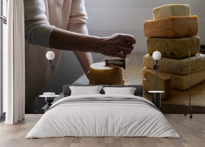 scraping device of swiss cheese tete de moine. a man cuts cheese. Wall mural