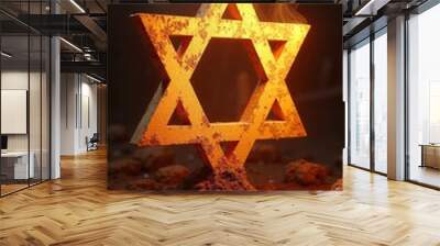 Luminous abstract star of David emanating warm glow amidst mystical backdrop of smoke and earthy textures Wall mural