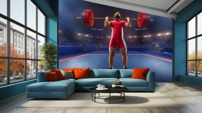 Male athlete is lifting a barbell on a professional stadium. Stadium and crowd are made in 3d. Wall mural