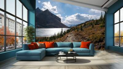 Ptarmigan Lake and Mount Redoubt on a sunny Autumn day with Deception Pass trail in frame. Wall mural