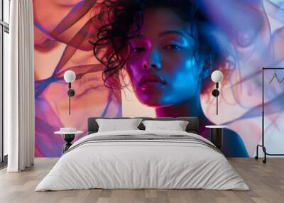 Mesmerizing portrait of a woman with vibrant neon lights illuminating her face and flowing fabric in the background. Artistic and captivating imagery. Wall mural