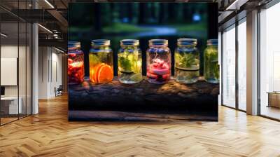 Mixed fruit infused water in glass jar on wooden table in forest Wall mural