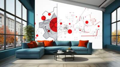 Modern science or technology abstract background using cogwheel. Wireframe spot surface illustration. Vector. Wall mural