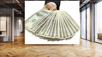 Money in hand of the businessman isolated on white Wall mural