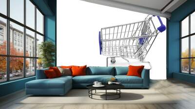 New Empty Blue Shopping Cart Isolated On White, Side View Wall mural