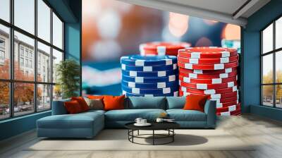 on the gambling table in the casino are poker chips, dice and cards Wall mural