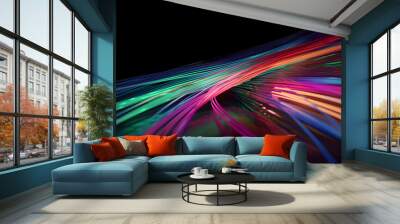 Optical fiber concept illustration, colorful lines cable high speed network data transfer. Wave lines. Generative AI Wall mural