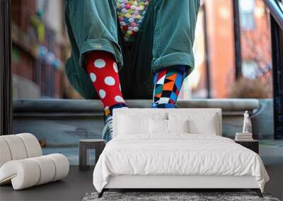 Person wearing mismatched socks with polka dots and geometric patterns, and blue sneakers, sitting on stone steps. Close-up urban fashion photography. Street style concept. Wall mural