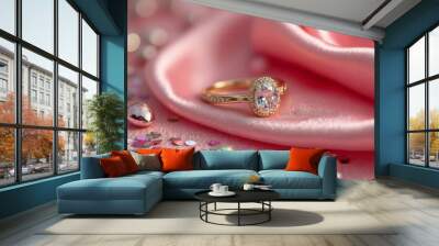 Engagement or wedding ring with gemstones lying in folds of fabric. Rich pink background with sequins. Advertisement, banner for jewelry store, wedding photo shoot. Wall mural