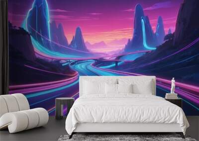 Futuristic highway, digital racetrack, glowing with vibrant neon light trails. Curving road is illuminated by streaks of electric blue, pink, and purple lights Wall mural