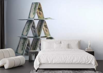 ponzi scheme, 100 us dollar bills lined up in house of cards, financial pyramid banner concept Wall mural