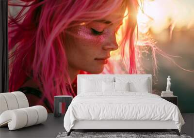 Portrait of a beautiful pink hair woman in desert with backlight sun Wall mural