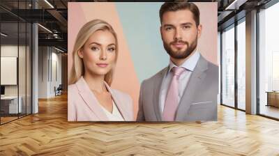 A businessman and a businesswoman standing together in a suit in the studio. A business team together. Wall mural