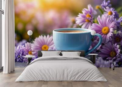 Coffee and flowers. A cup of hot aromatic coffee on a wooden table with purple flowers Wall mural